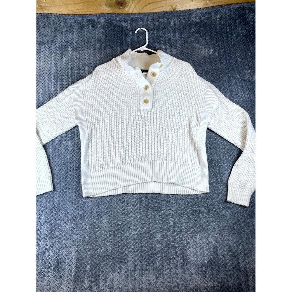 Banana Republic Sweater Womens Large White Cotton Quarter Button Ribbed Knit